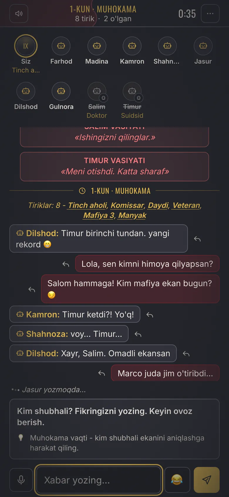 Mafia Town skrinshoti - Muhokama: chat, ovozli xabar va emote'lar